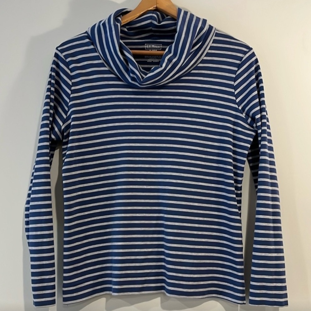 L.L. Bean Women Nautical Navy & Gray‎ Striped Cowl Neck Pullover Top Long Sleeve